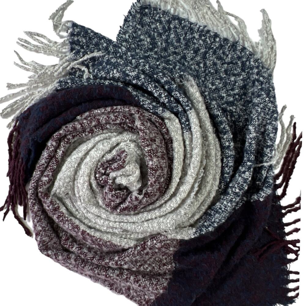 Fuzzy Oversized Fringe Scarf Wrap Shawl Color Block Raw Edge Cream Blue Burgundy